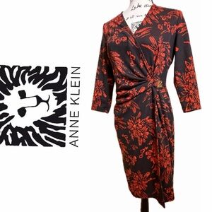 Anne Klein Midi Dress Ruched V Neck Red/Black Floral Sz 6 Whimsigoth Retro Glam